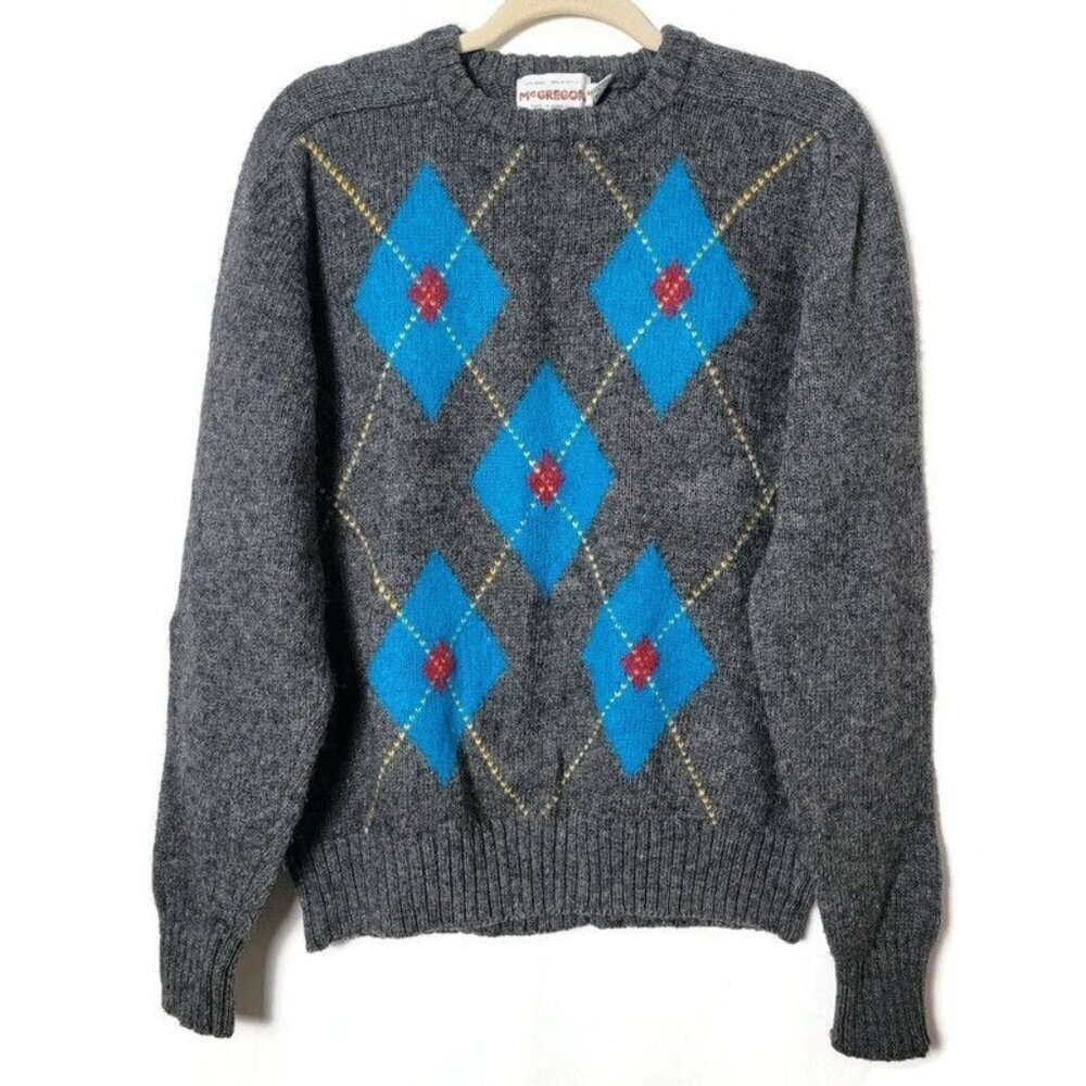 Vintage McGregor Mens Gray Wool Blend Argyle Print Grandpa Crew Neck Sweater XL
